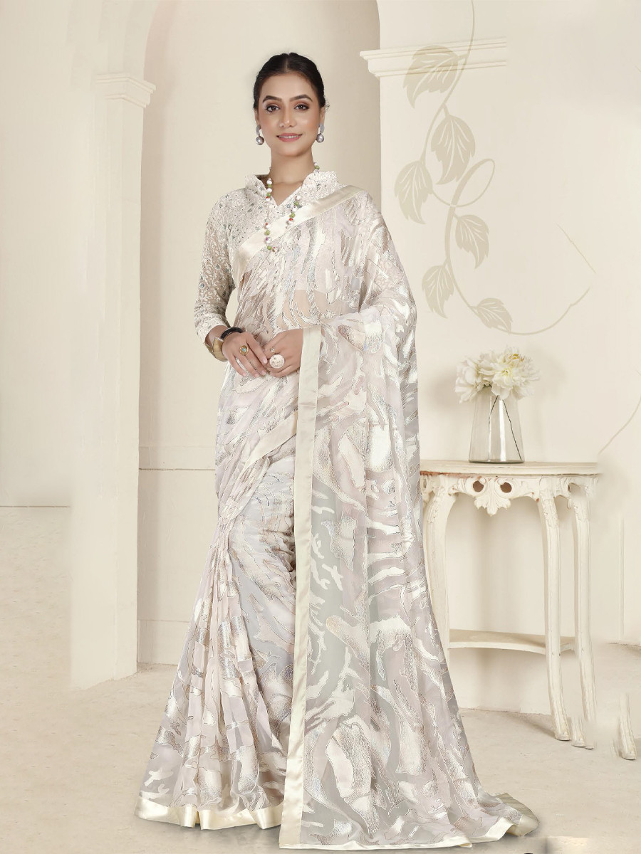 White Organza Printed Festival Casual Contemporary Saree