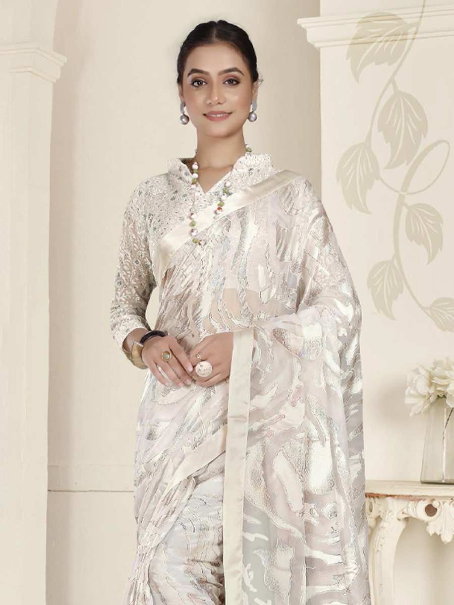 White Organza Printed Festival Casual Contemporary Saree