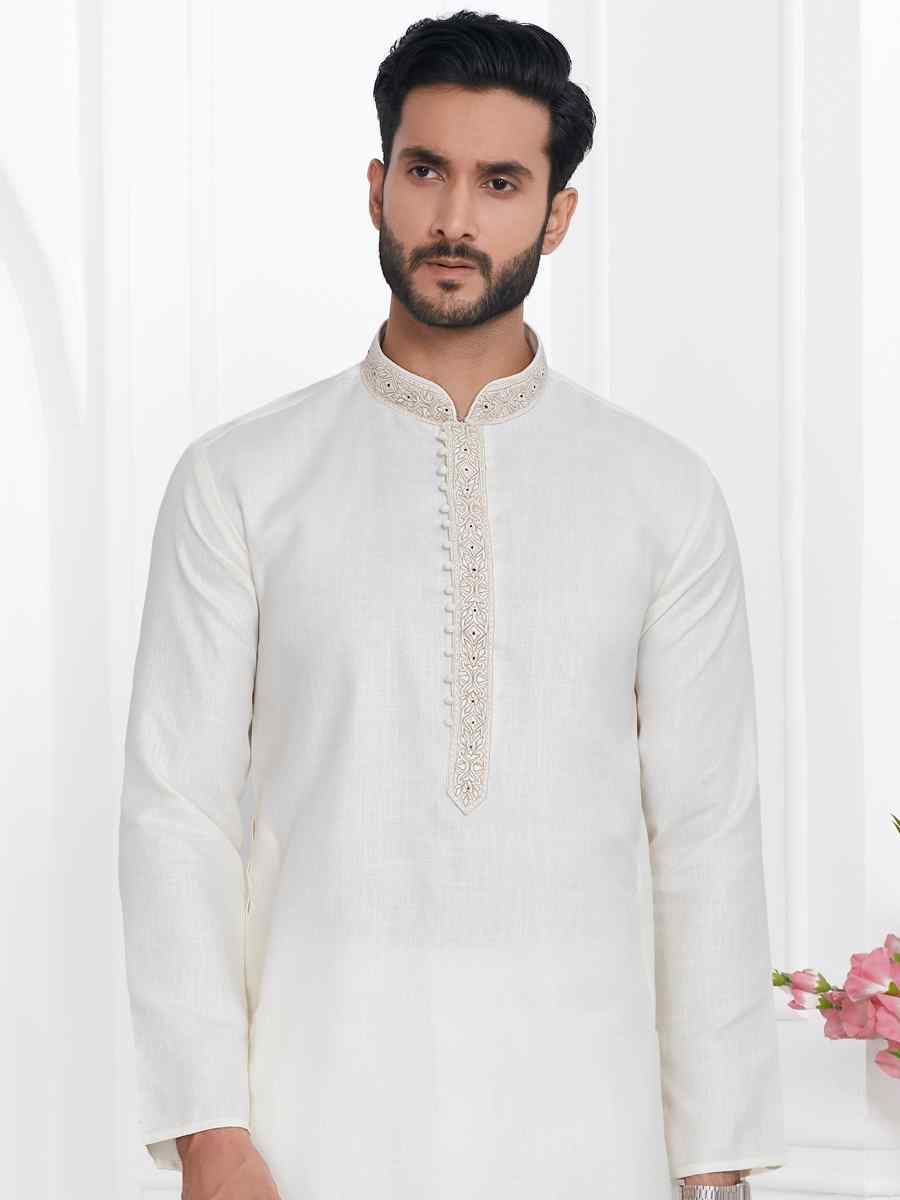 White Premium Linen Cotton Plain Festival Casual Kurta