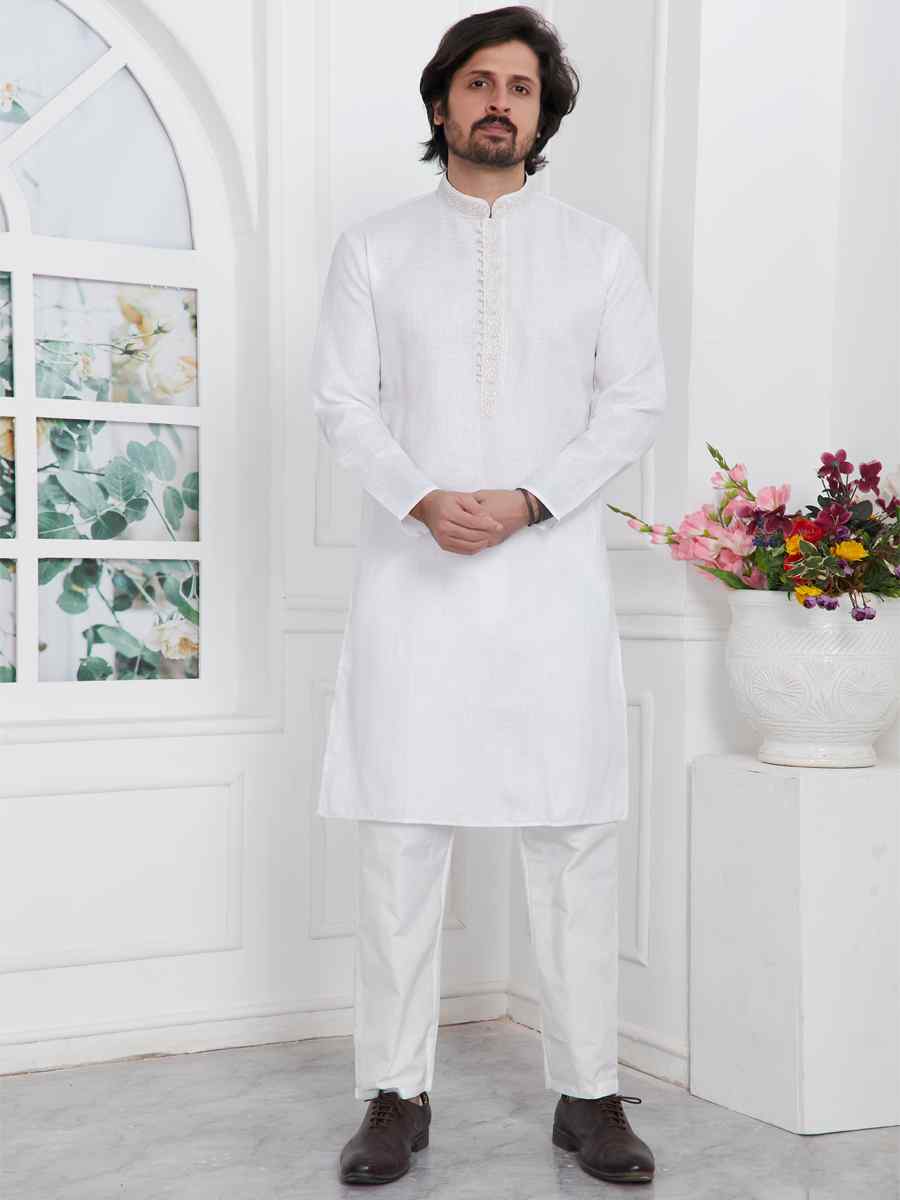 White Premium Linen Cotton Plain Festival Casual Kurta