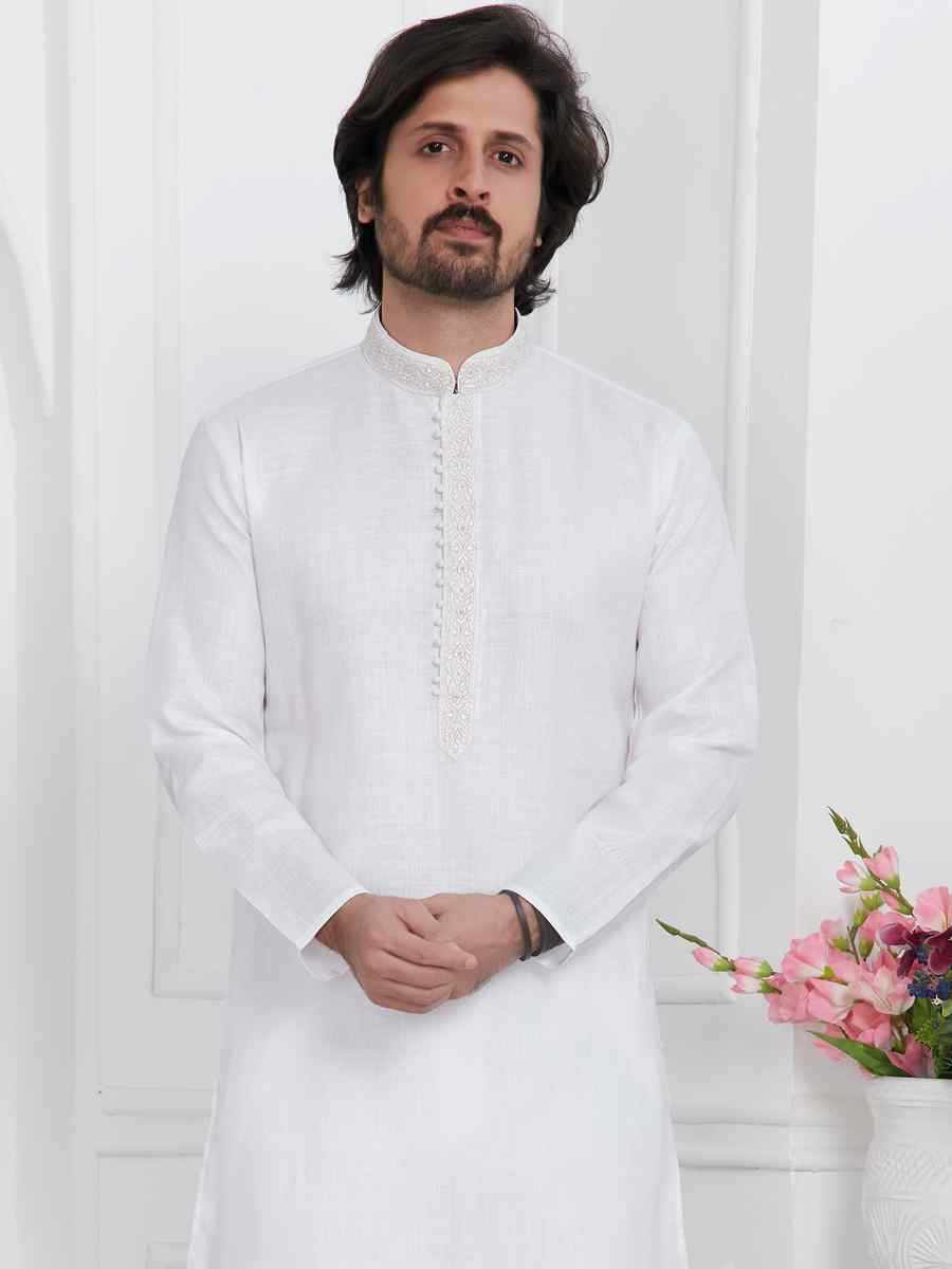 White Premium Linen Cotton Plain Festival Casual Kurta