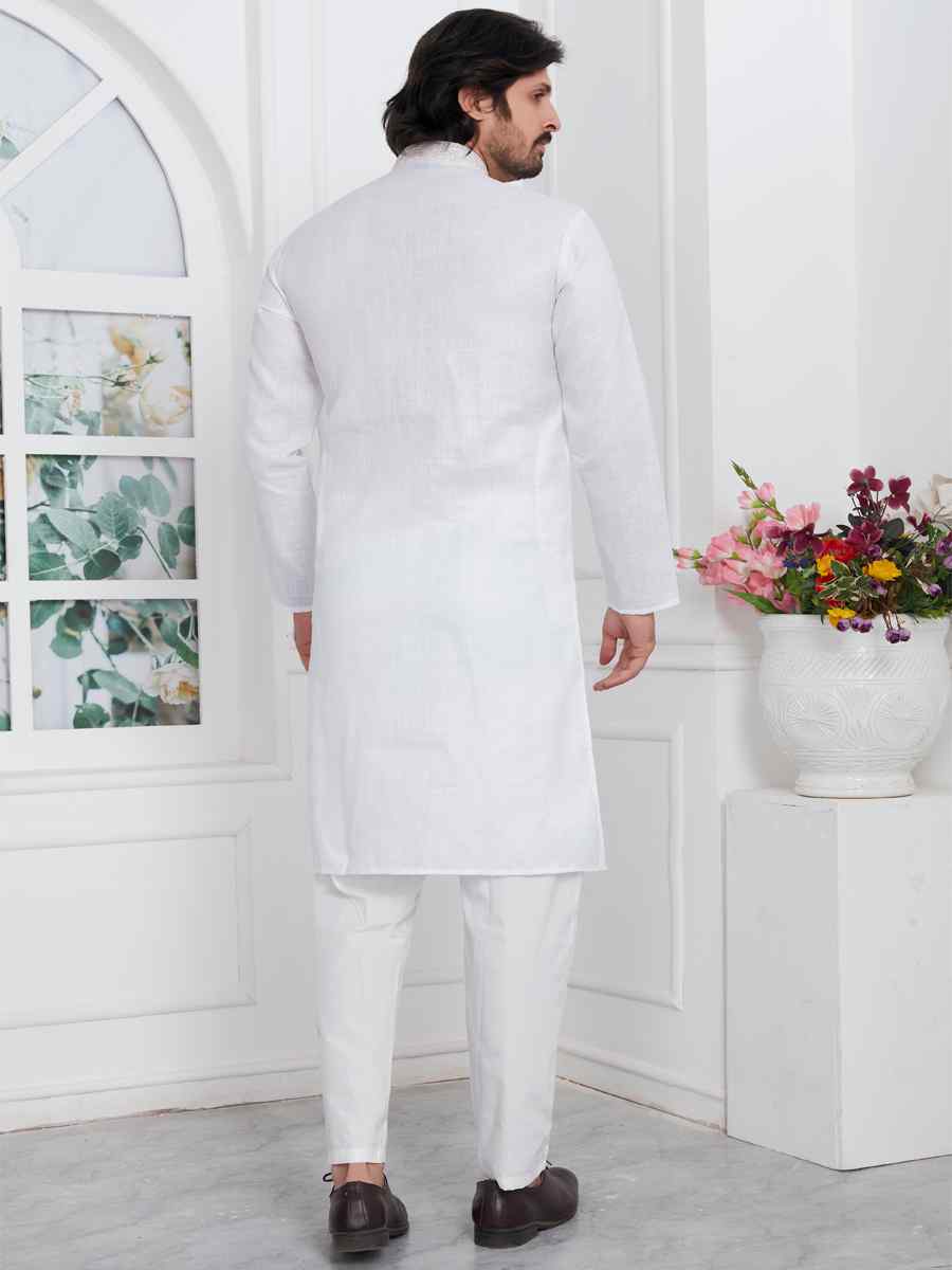 White Premium Linen Cotton Plain Festival Casual Kurta