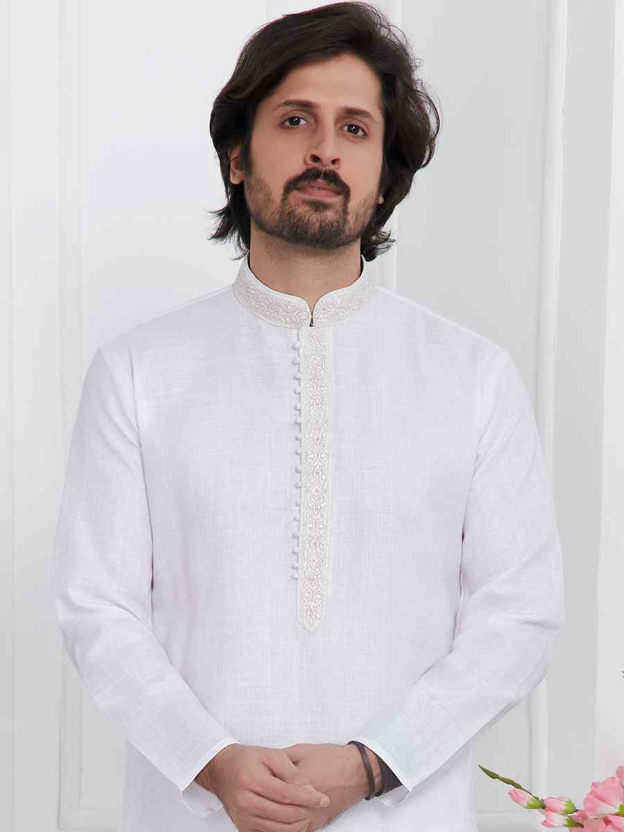 White Premium Linen Cotton Plain Festival Casual Kurta