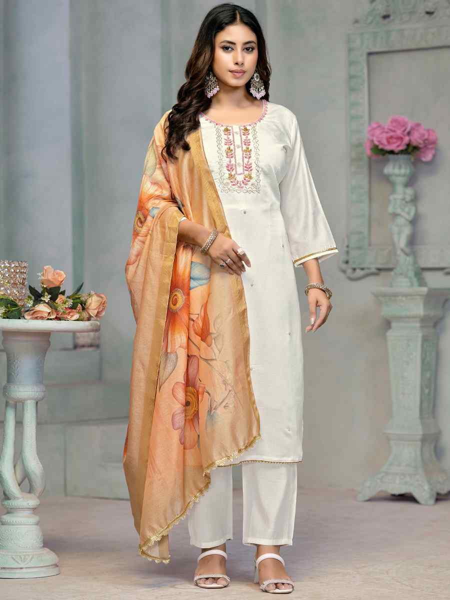 White Premium Roman Cotton Embroidered Festival Casual Ready Pant Salwar Kameez