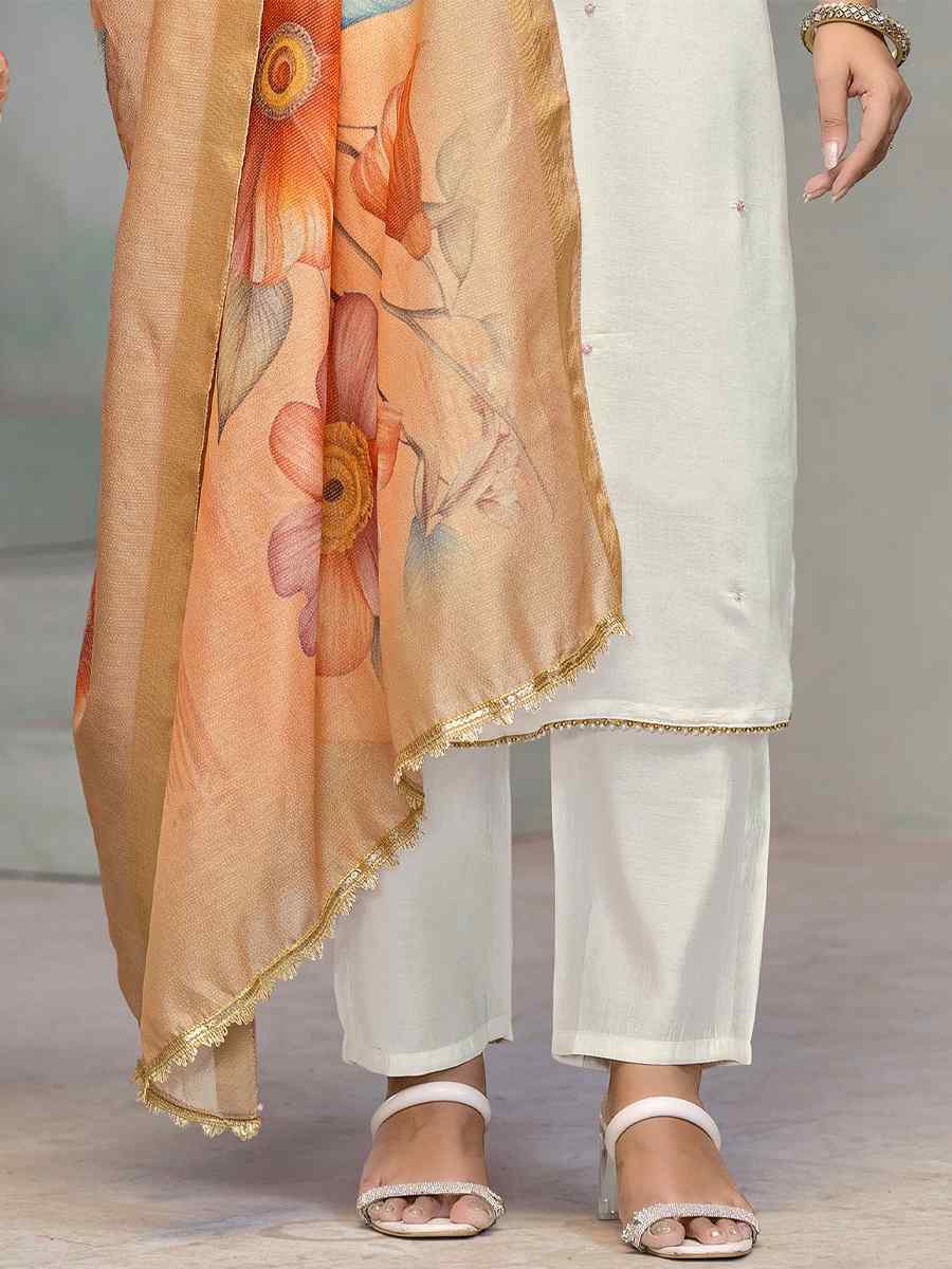 White Premium Roman Cotton Embroidered Festival Casual Ready Pant Salwar Kameez