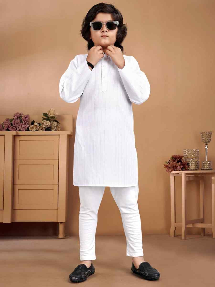 White Pure Cotton Slub Zardosi Festival Traditional Kurta Pyjama Boys Wear