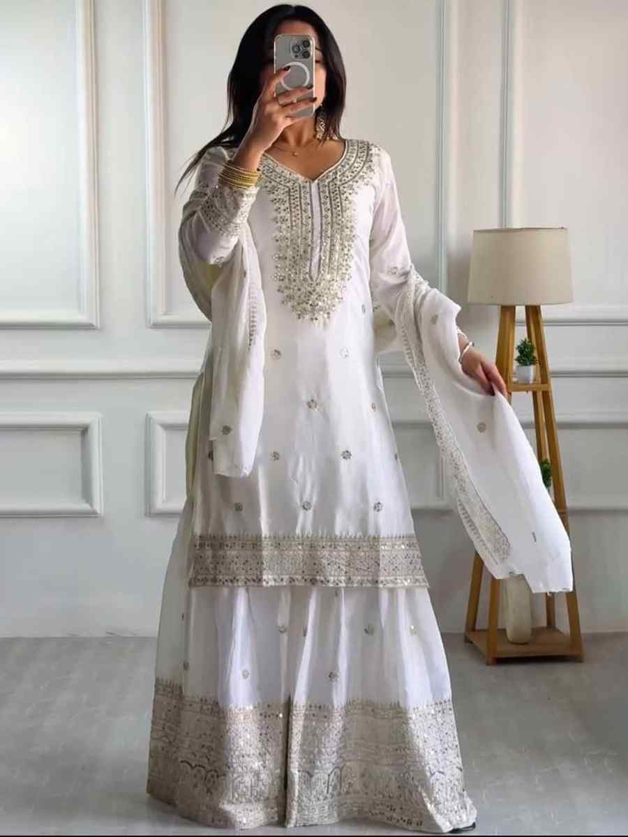 White Pure Heavy Chinon Silk Embroidered Festival Wedding Sharara Pant Ready Salwar Kameez