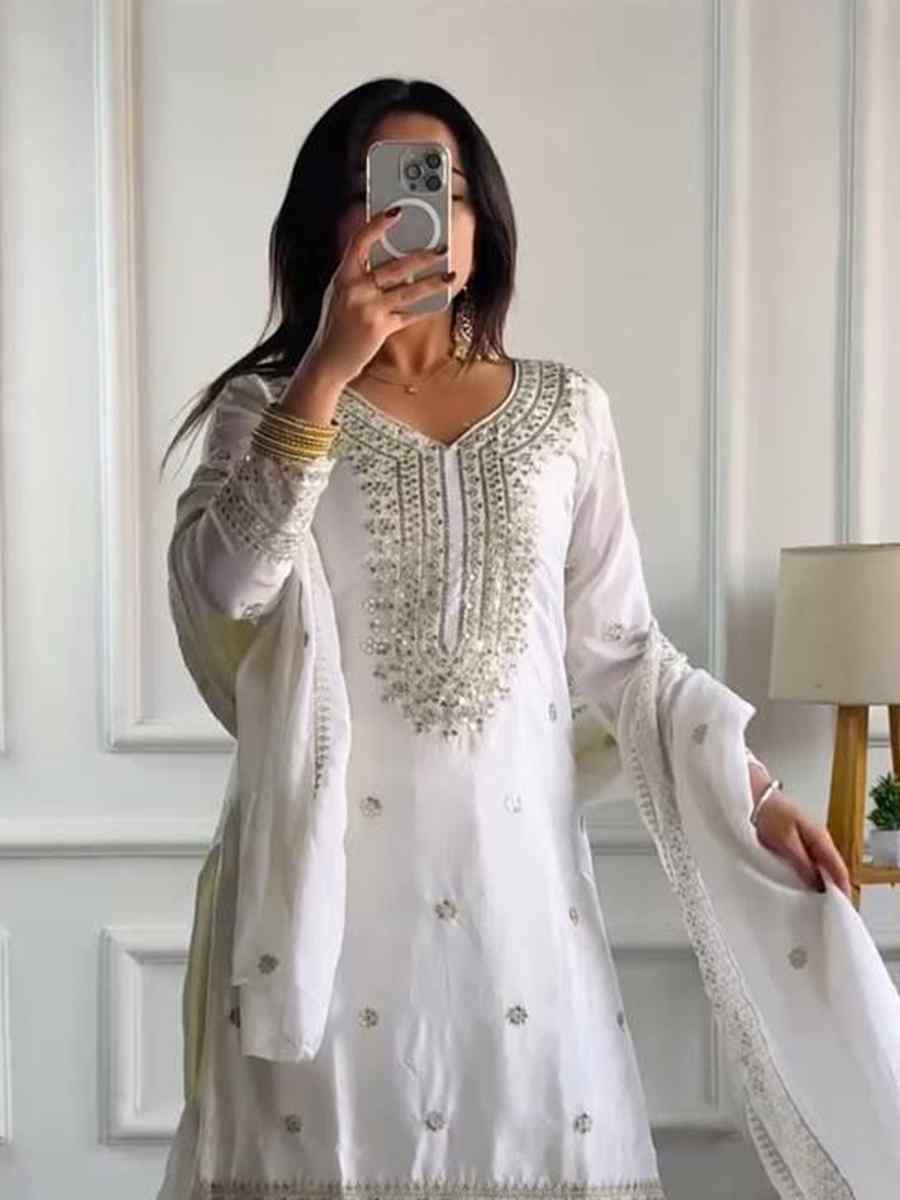 White Pure Heavy Chinon Silk Embroidered Festival Wedding Sharara Pant Ready Salwar Kameez