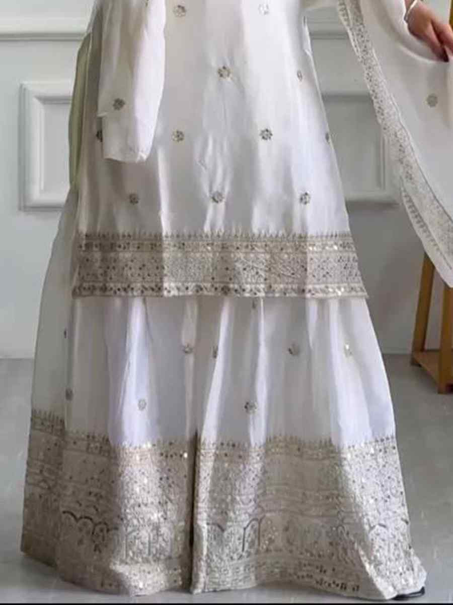 White Pure Heavy Chinon Silk Embroidered Festival Wedding Sharara Pant Ready Salwar Kameez