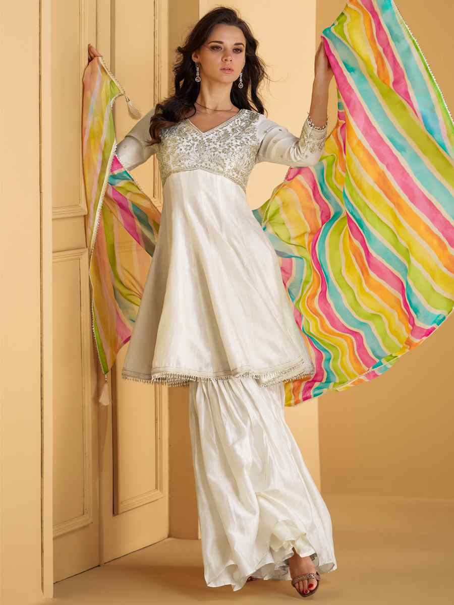 White Pure Silk Embroidered Festival Casual Palazzo Pant Salwar Kameez