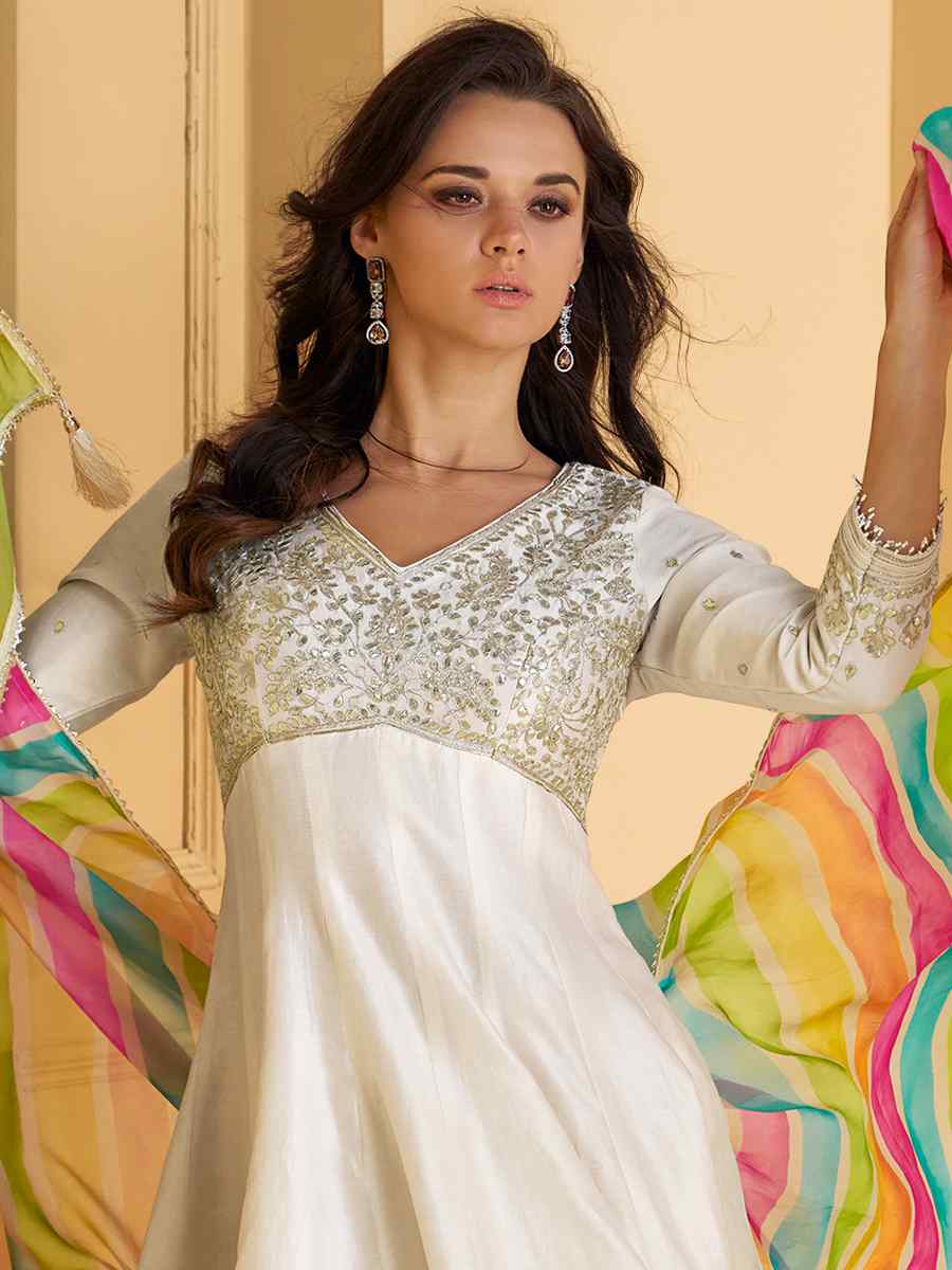 White Pure Silk Embroidered Festival Casual Palazzo Pant Salwar Kameez