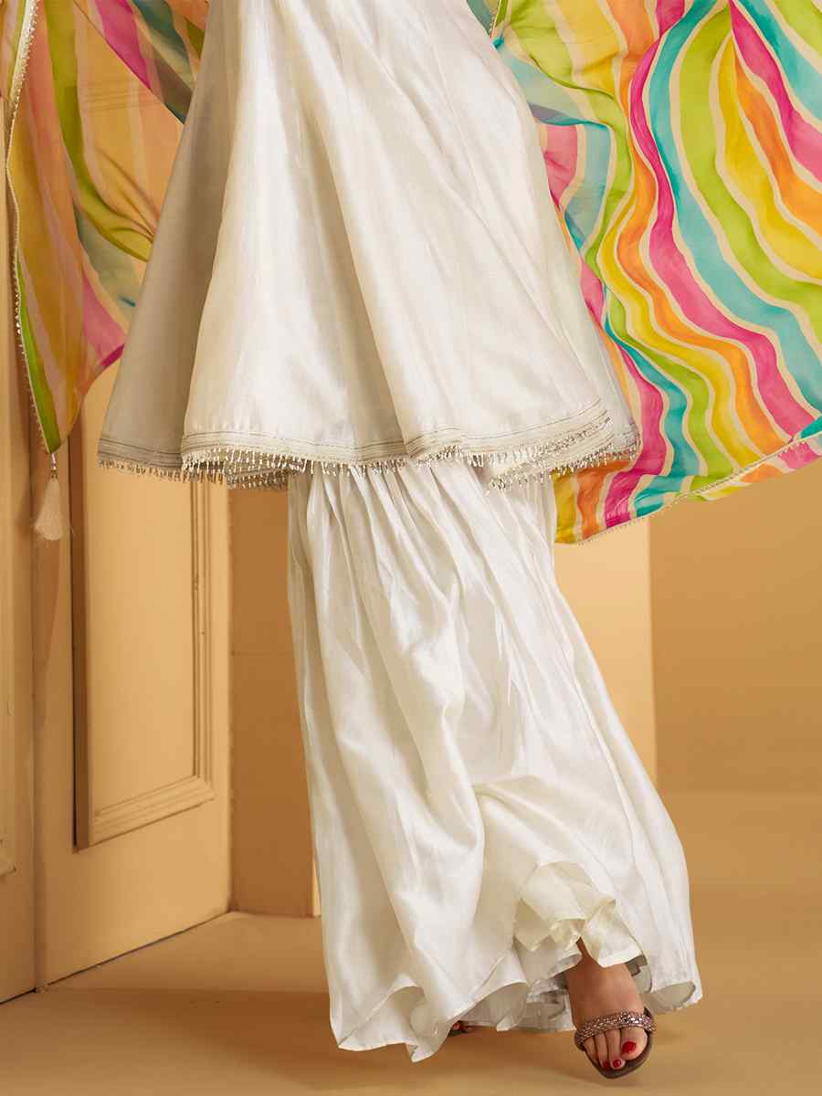 White Pure Silk Embroidered Festival Casual Palazzo Pant Salwar Kameez