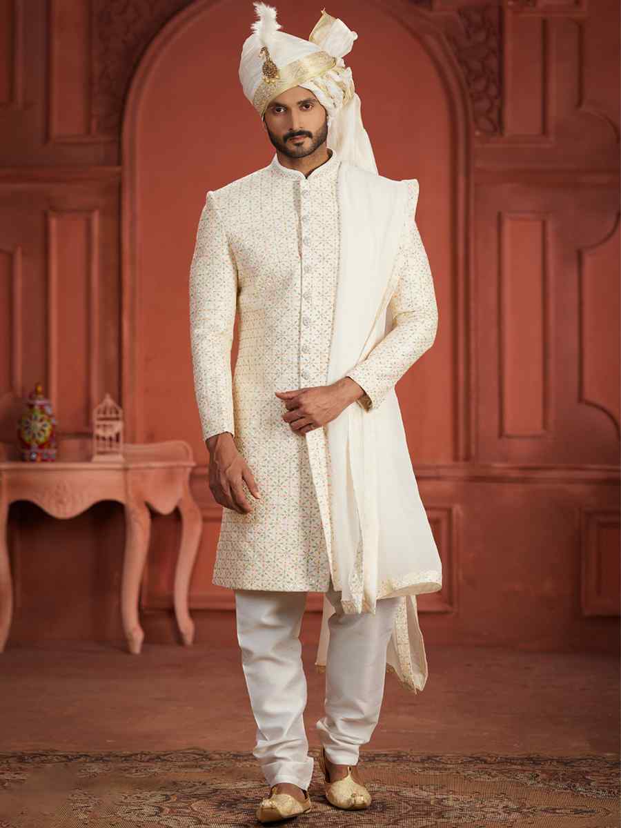 White Pure Silk Embroidered Groom Wedding Sherwani