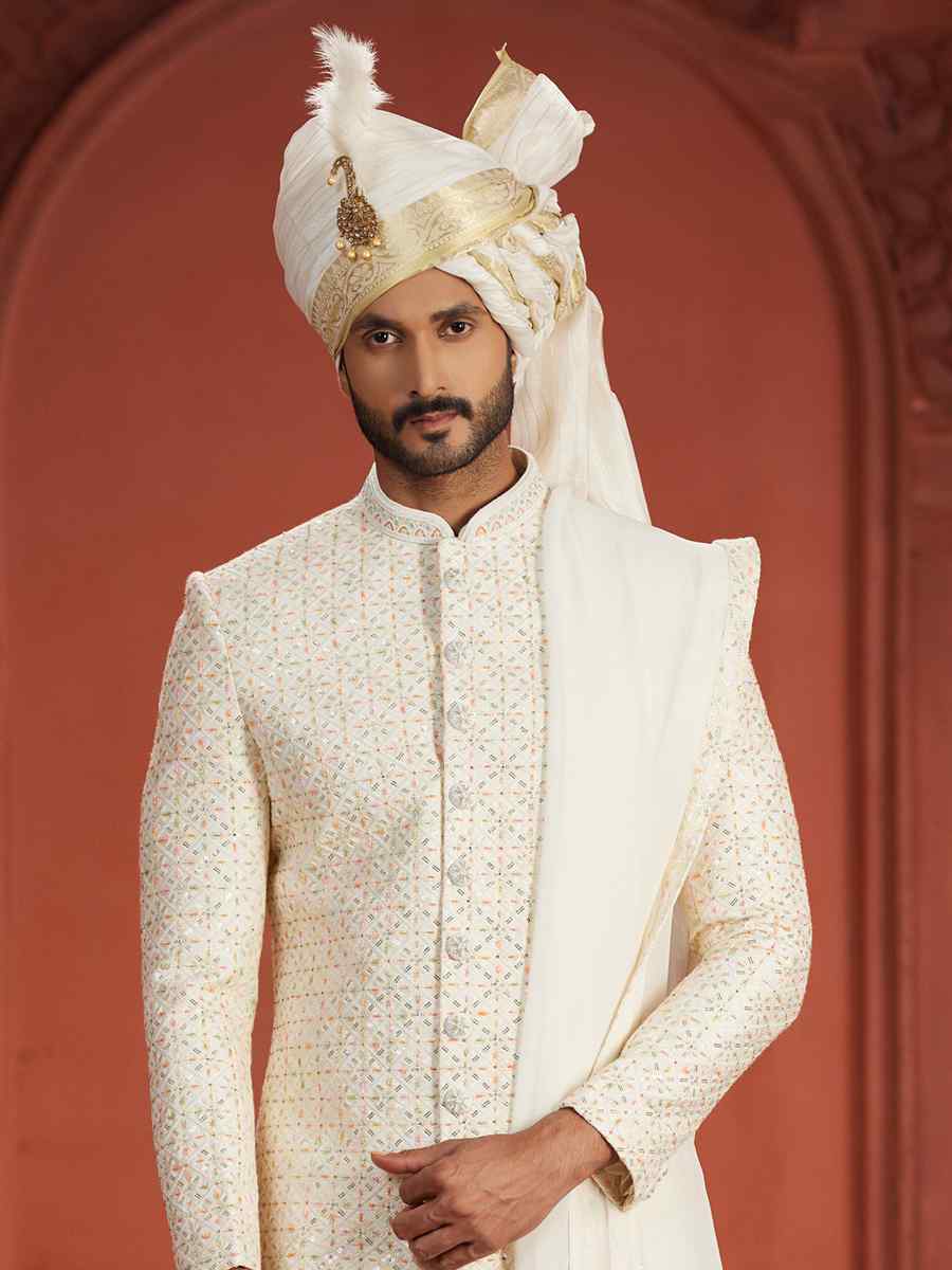 White Pure Silk Embroidered Groom Wedding Sherwani