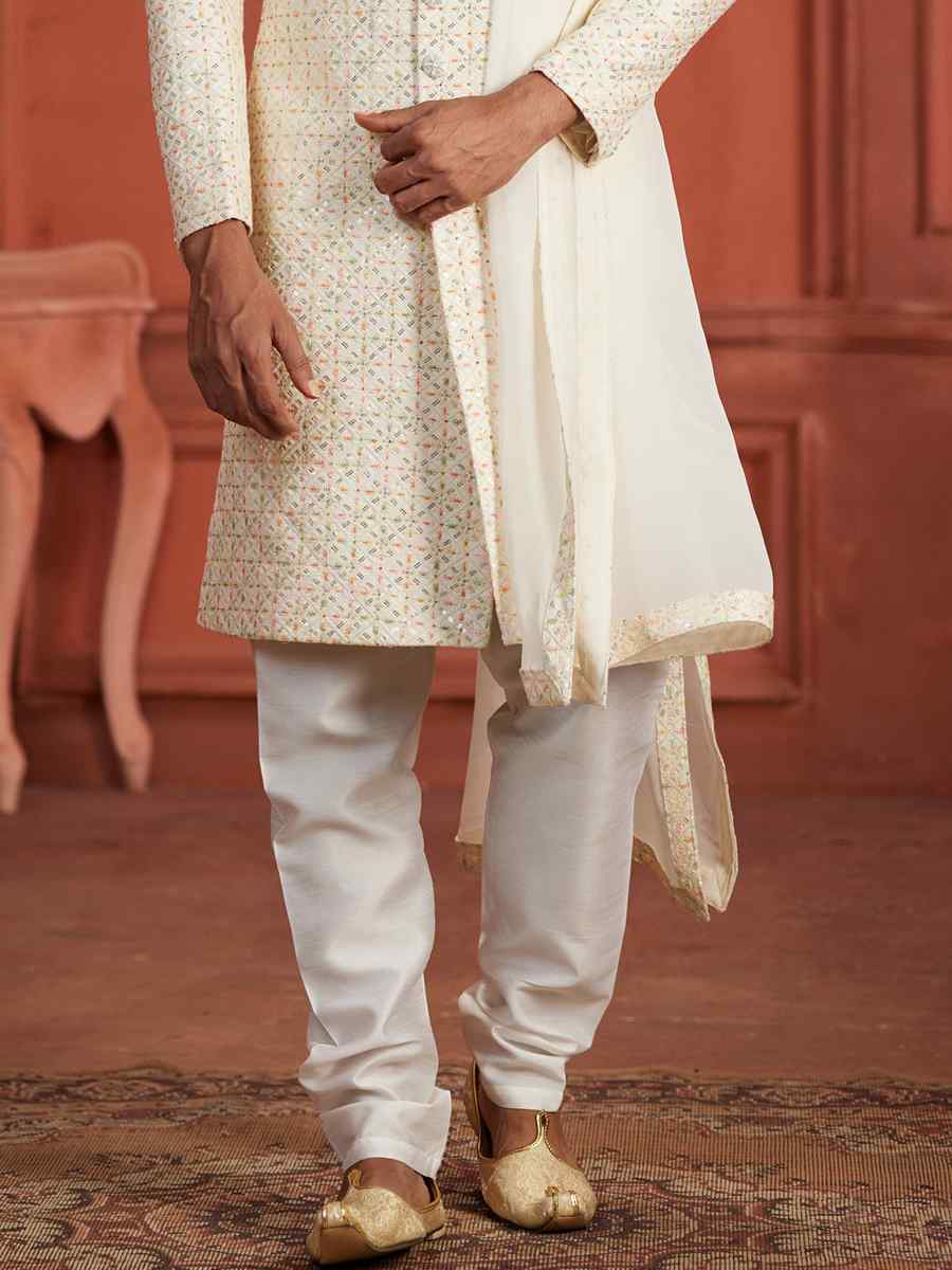 White Pure Silk Embroidered Groom Wedding Sherwani