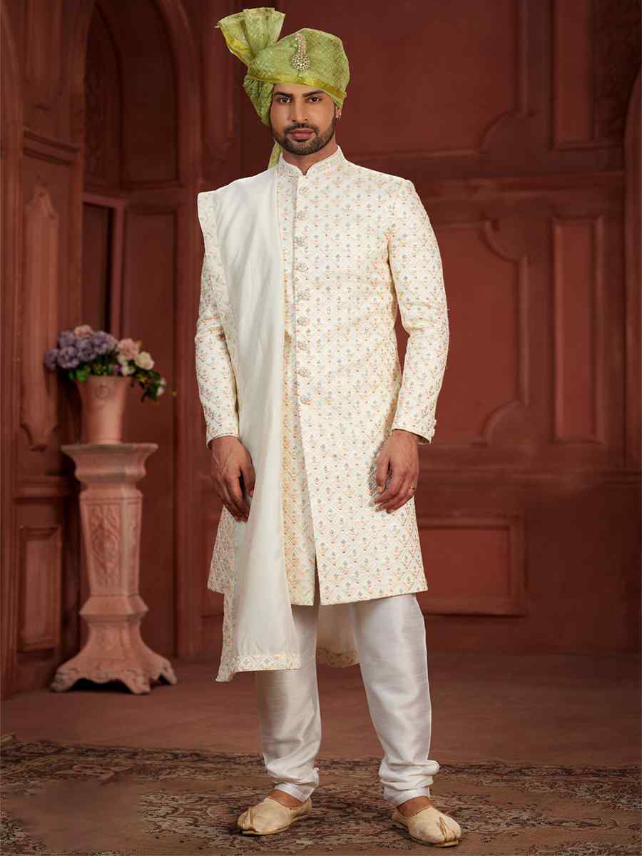 White Pure Silk Embroidered Groom Wedding Sherwani