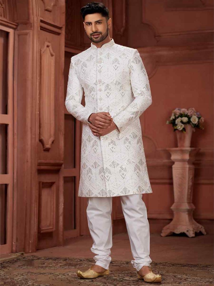 White Pure Silk Embroidered Groom Wedding Sherwani