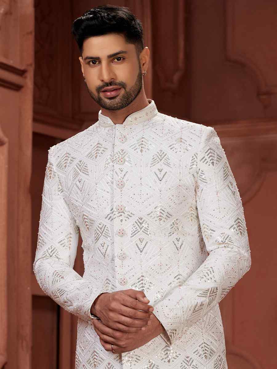 White Pure Silk Embroidered Groom Wedding Sherwani