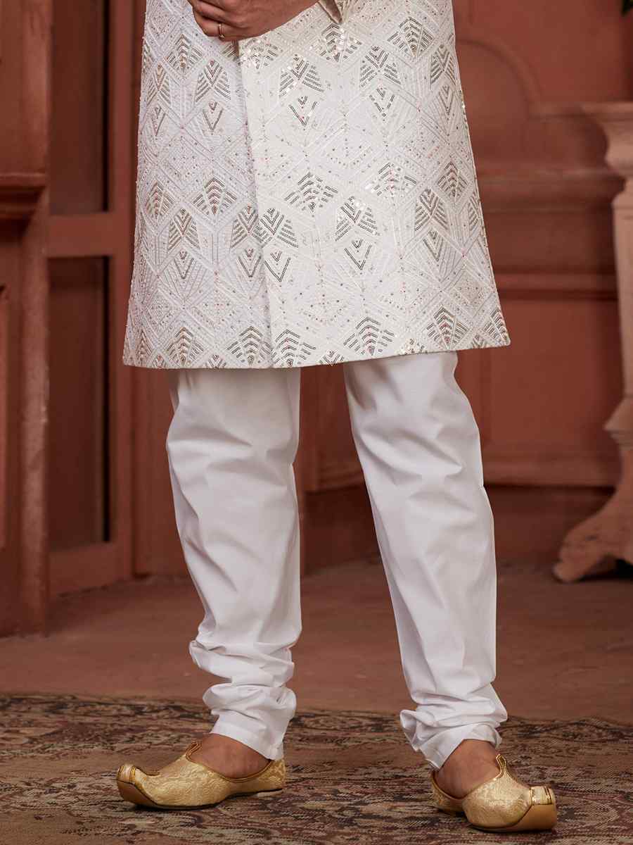 White Pure Silk Embroidered Groom Wedding Sherwani