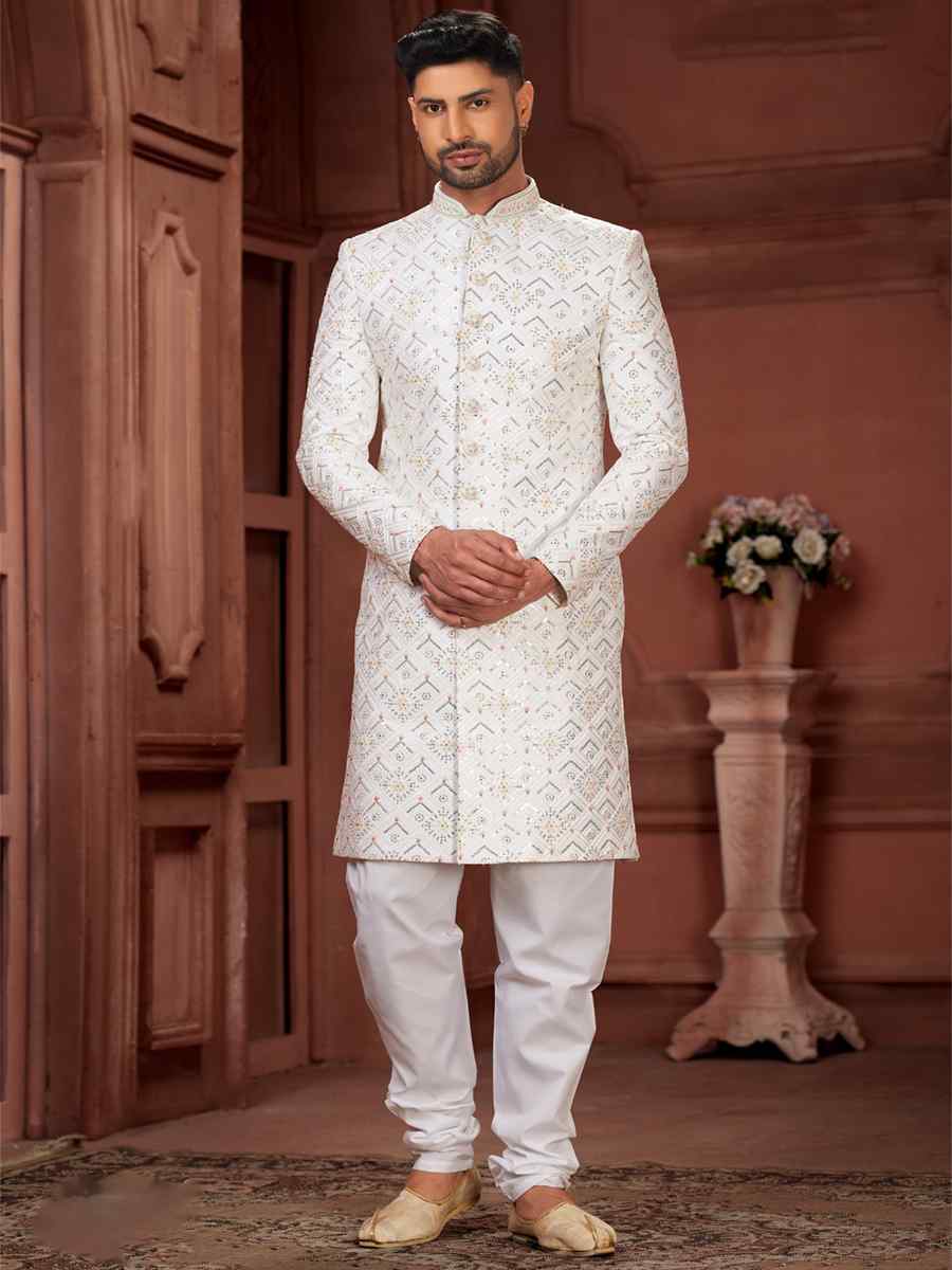 White Pure Silk Embroidered Groom Wedding Sherwani