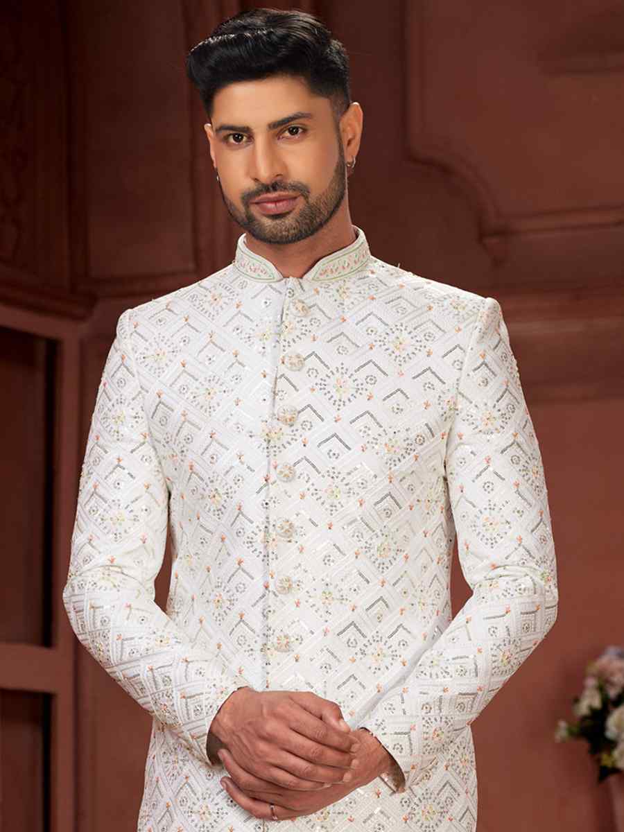 White Pure Silk Embroidered Groom Wedding Sherwani