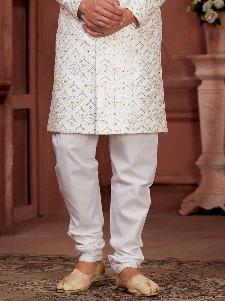 White Pure Silk Embroidered Groom Wedding Sherwani