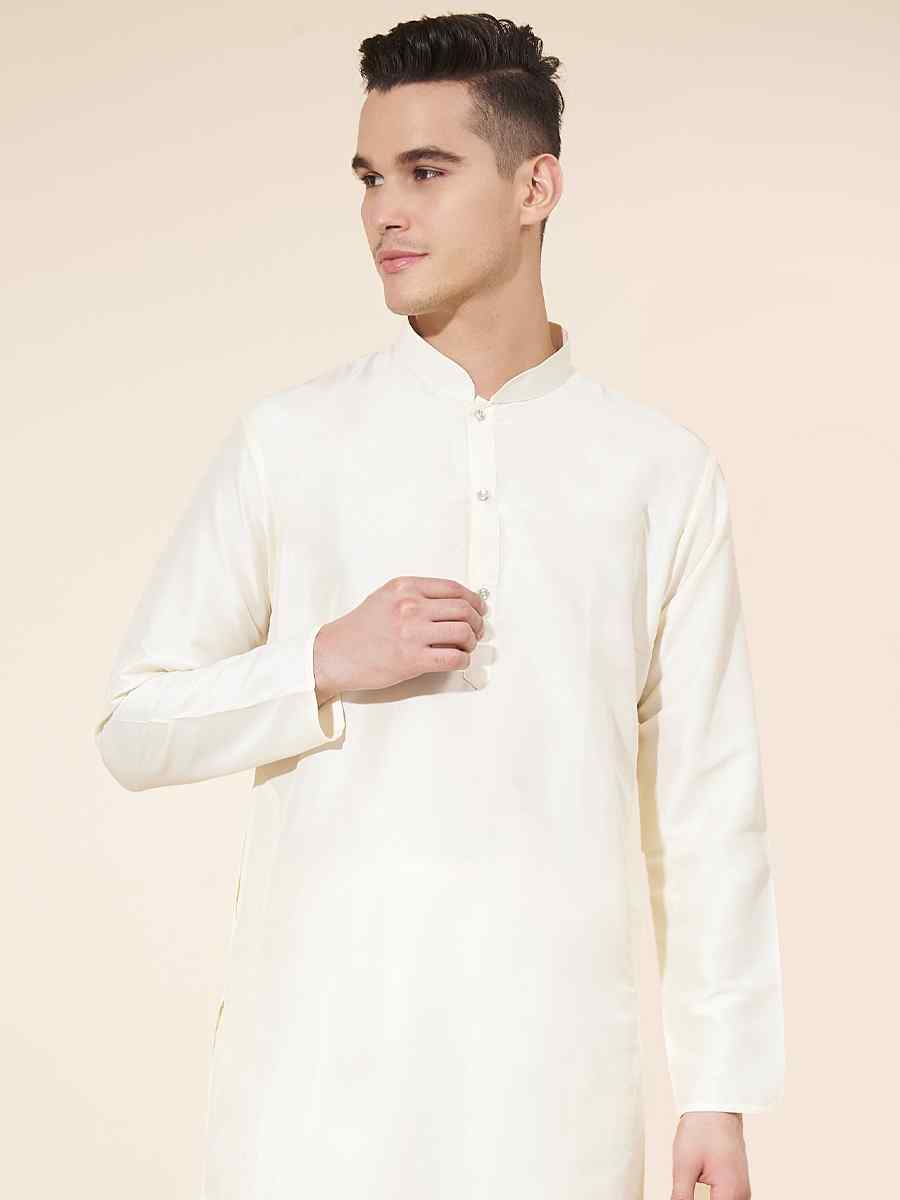 White Pure Silk Plain Festival Casual Kurta