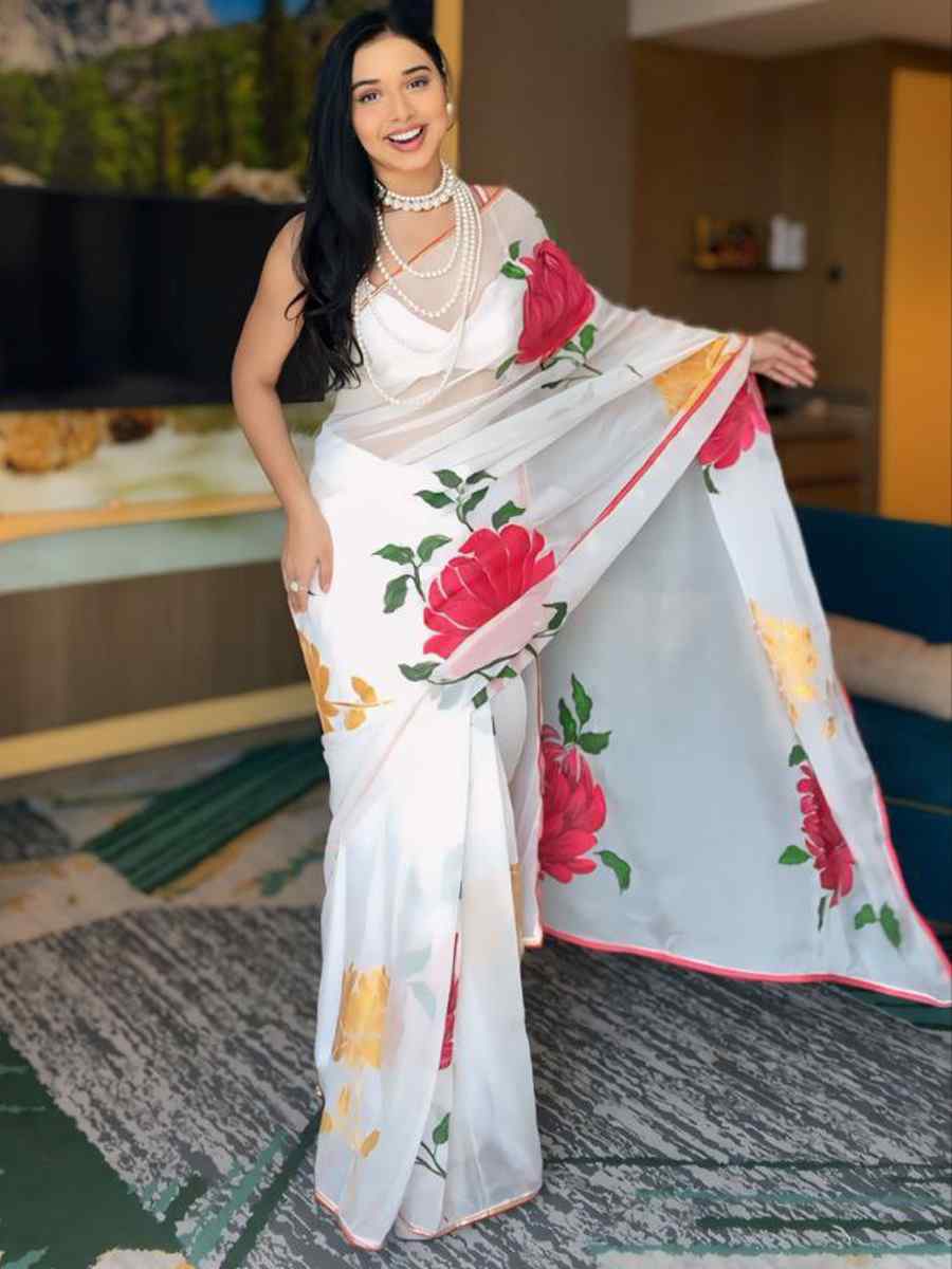 White Pure Soft Georgette Silk Handwoven Festival Wedding Heavy Border Saree