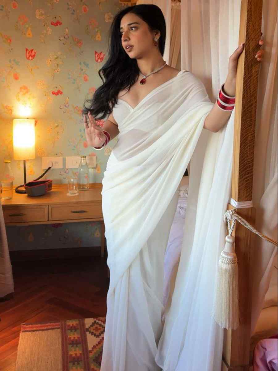 White Pure Soft Georgette Silk Plain Festival Casual Contemporary Saree