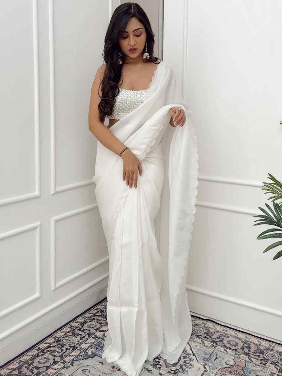 White Pure Soft Georgette Silk Plain Festival Casual Contemporary Saree