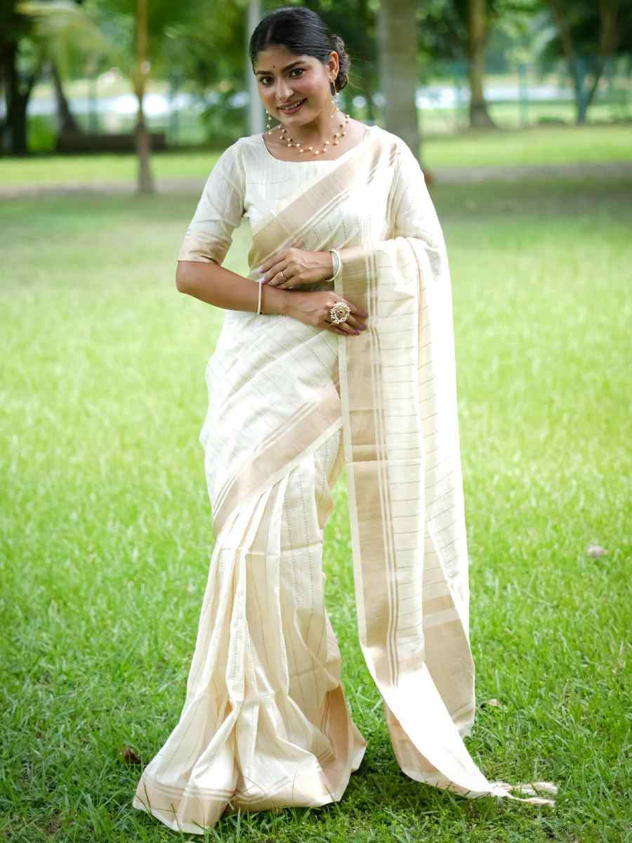 White Raw Silk Handwoven Festival Wedding Heavy Border Saree