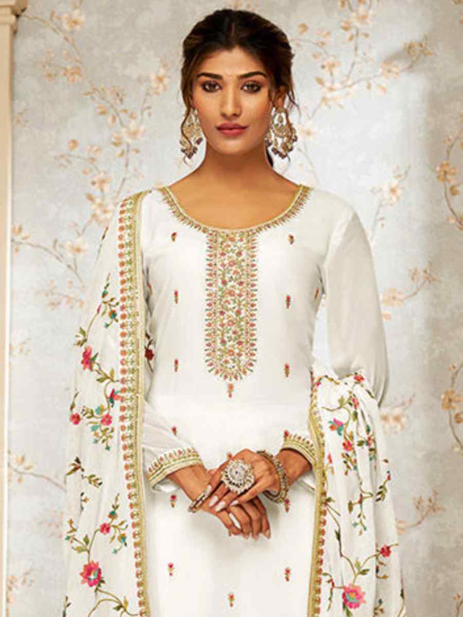 White Real Georgette Embroidered Festival Mehendi Pant Salwar Kameez