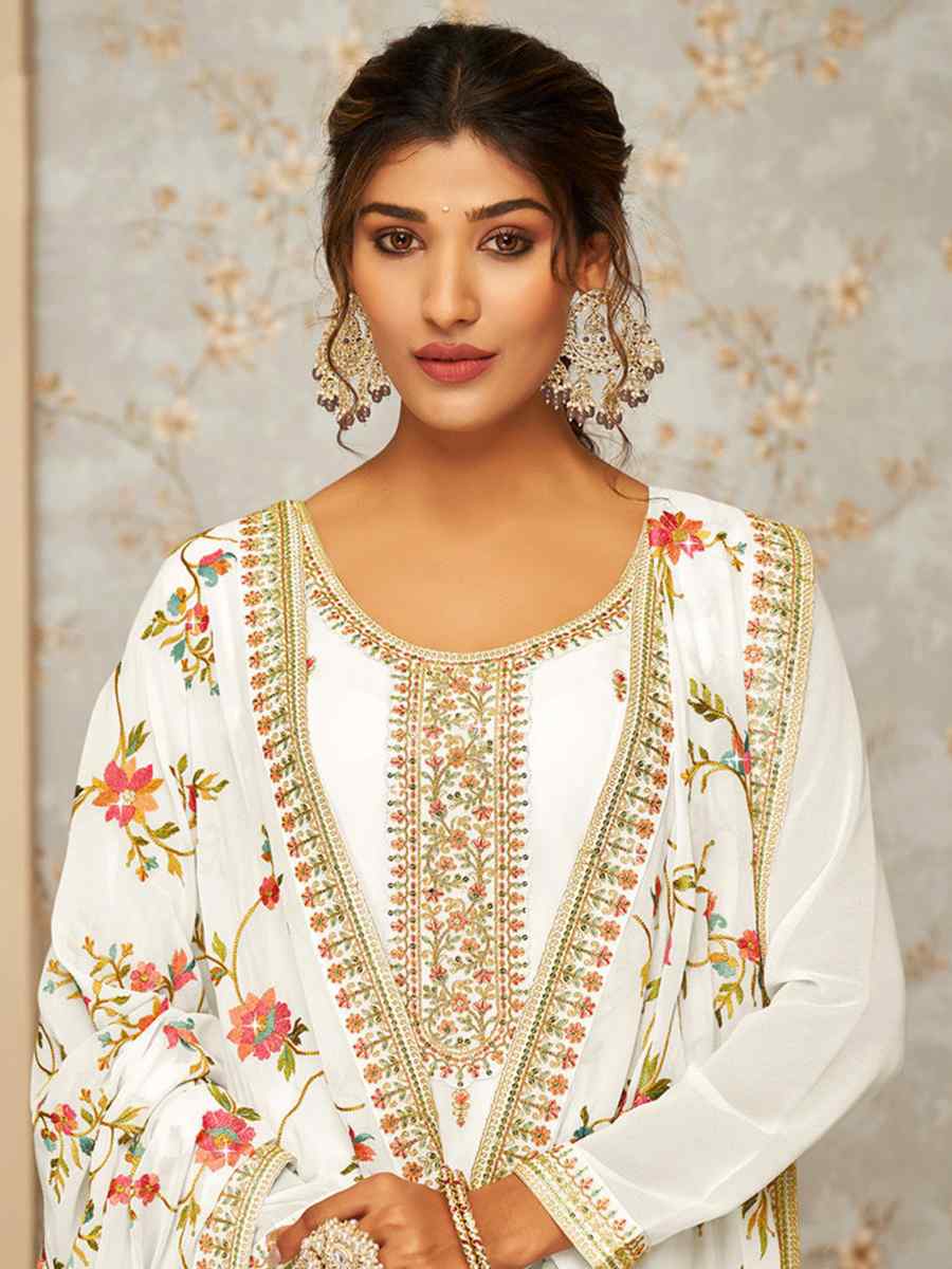 White Real Georgette Embroidered Festival Mehendi Pant Salwar Kameez