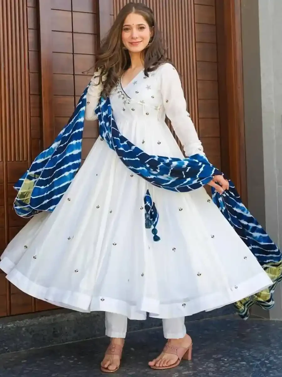 White Roman Cotton Printed Festival Mehendi Ready Anarkali Salwar Kameez