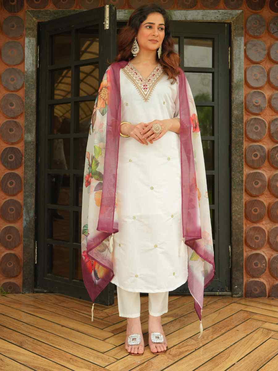 White Roman Silk Embroidered Festival Casual Pant Ready Salwar Kameez