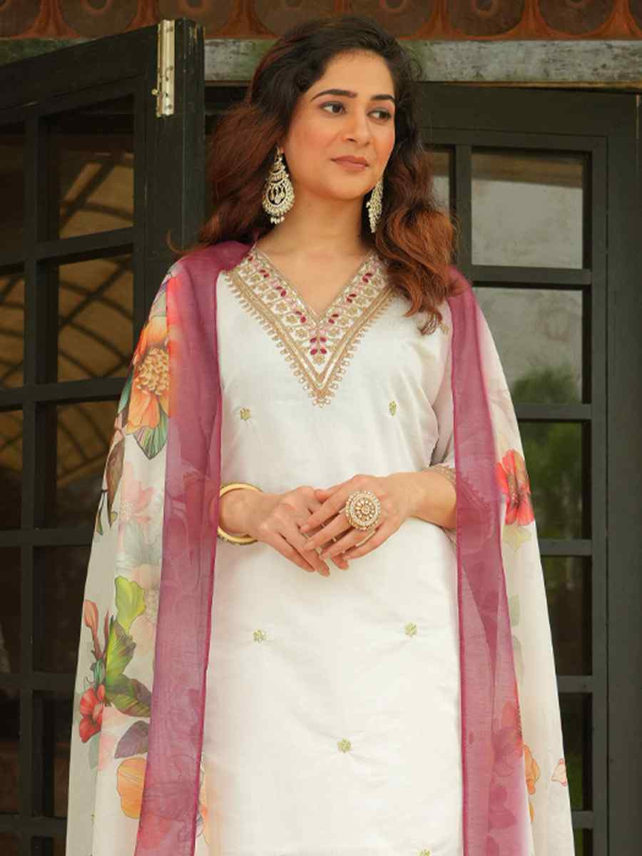 White Roman Silk Embroidered Festival Casual Pant Ready Salwar Kameez