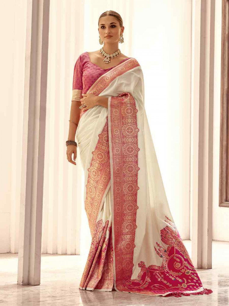 White Satin Silk Handwoven Festival Wedding Heavy Border Saree