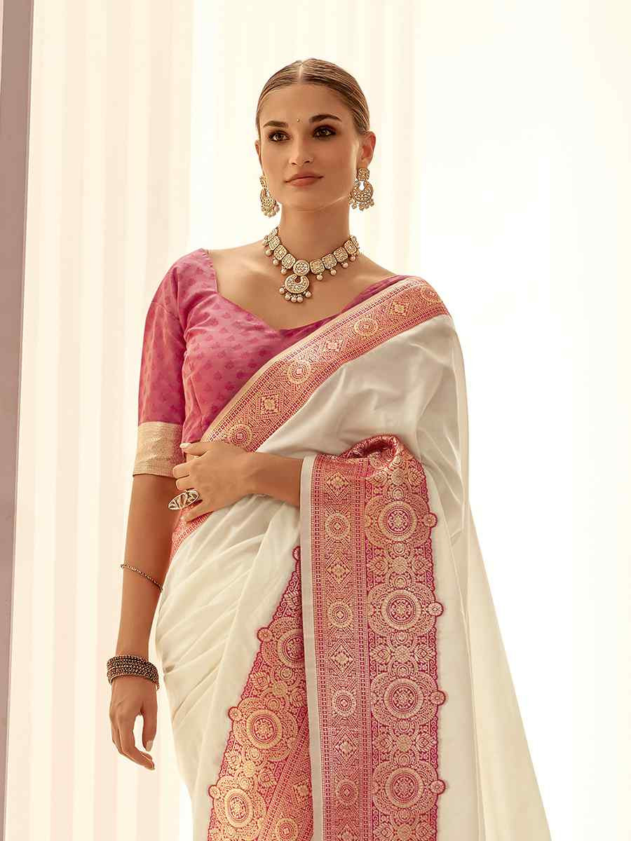 White Satin Silk Handwoven Festival Wedding Heavy Border Saree