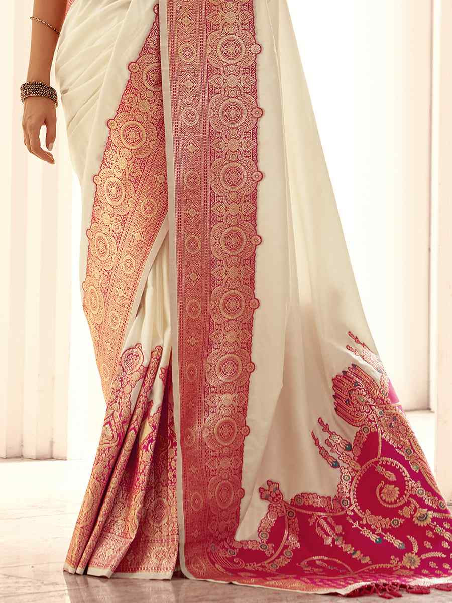 White Satin Silk Handwoven Festival Wedding Heavy Border Saree