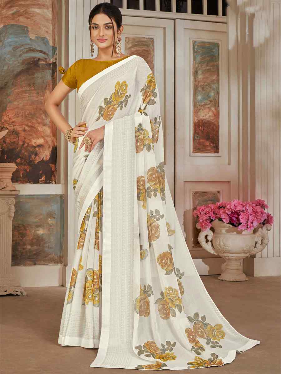 White Silk Embroidered Festival Party Heavy Border Saree