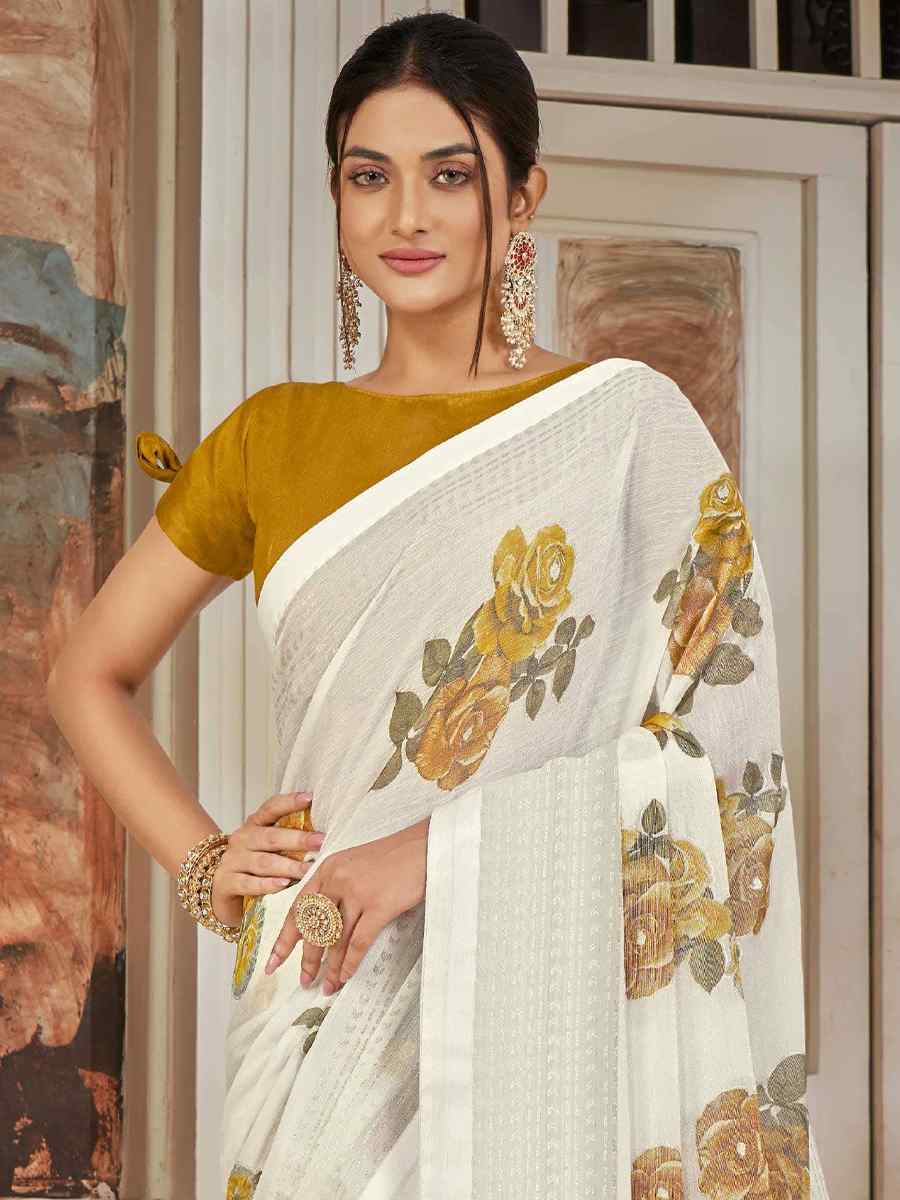 White Silk Embroidered Festival Party Heavy Border Saree