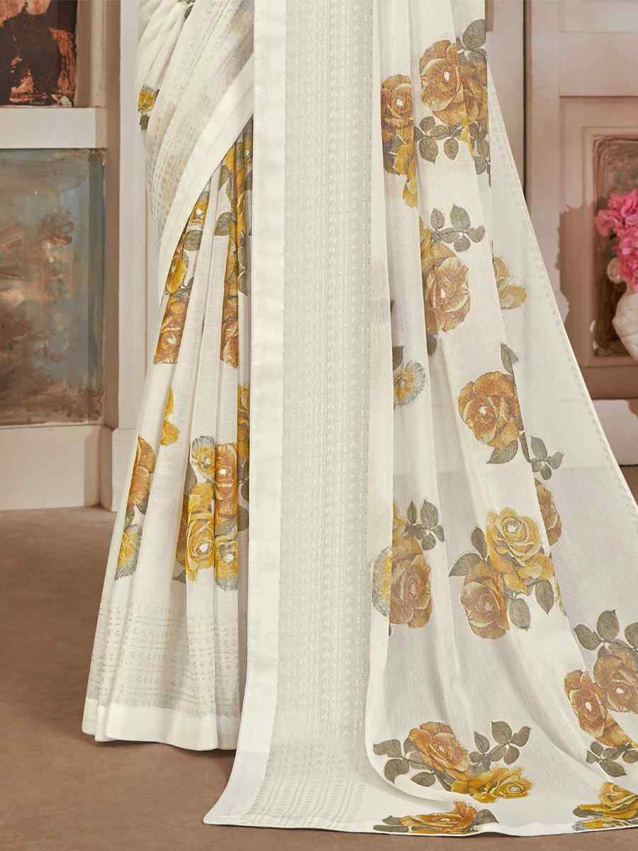 White Silk Embroidered Festival Party Heavy Border Saree