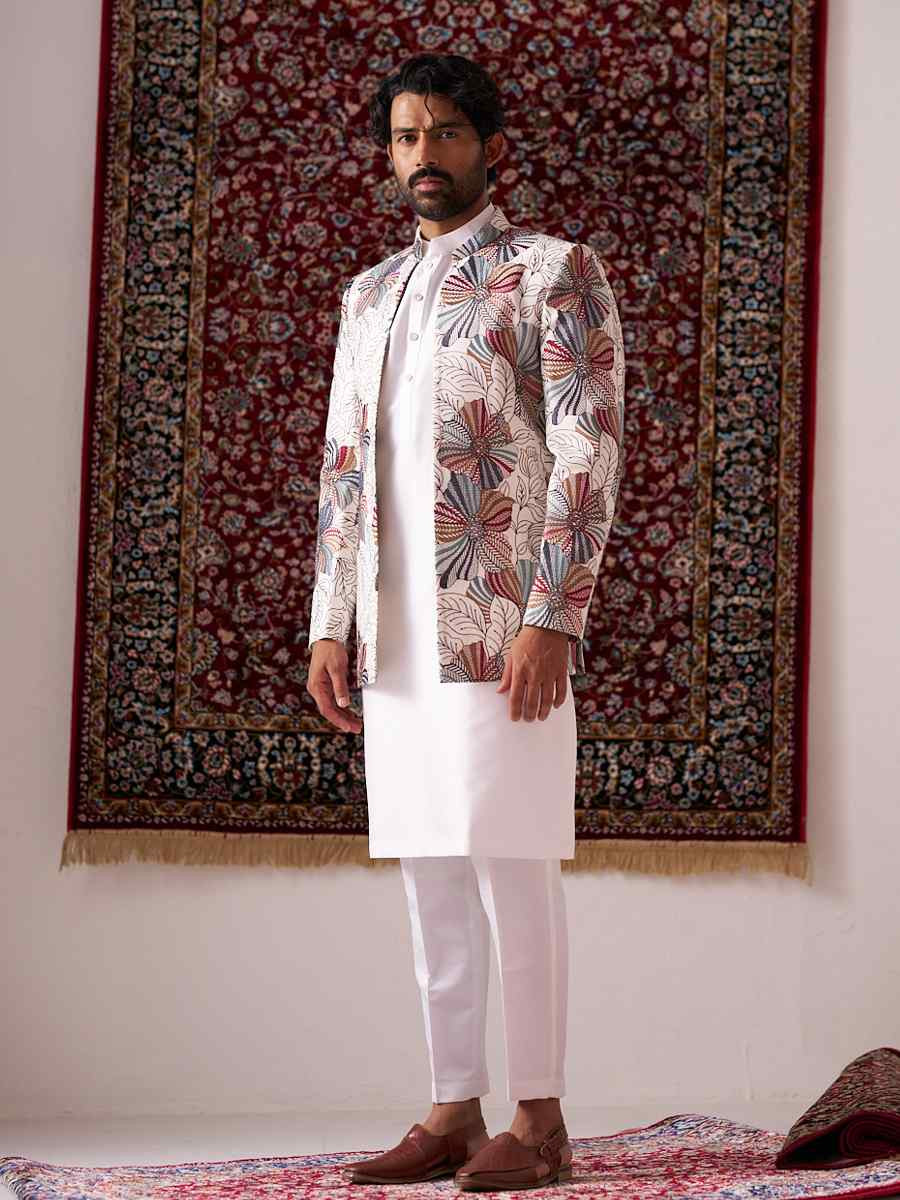 White Silk Embroidered Party Wedding Kurta