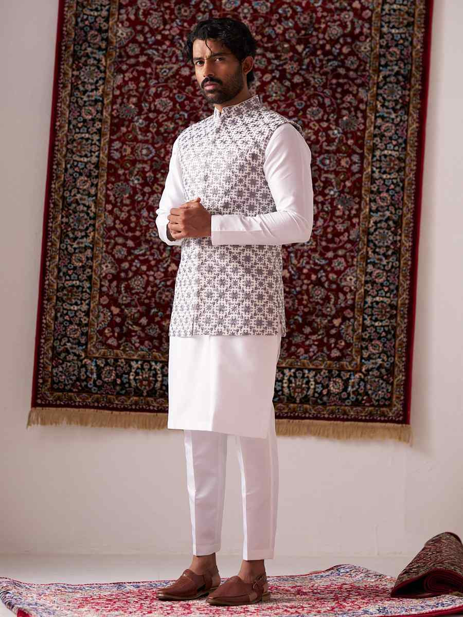 White Silk Embroidered Party Wedding Kurta