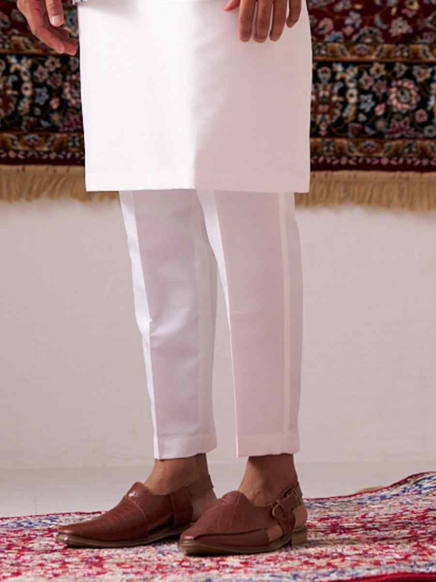 White Silk Embroidered Party Wedding Kurta