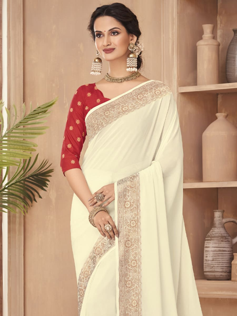 White Silk Handwoven Festival Casual Heavy Border Saree