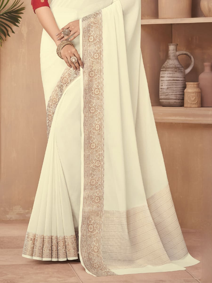 White Silk Handwoven Festival Casual Heavy Border Saree