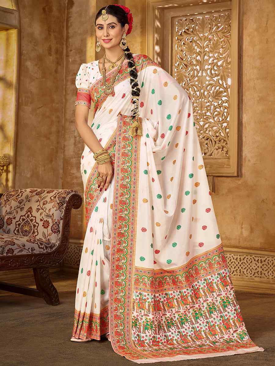 White Silk Handwoven Festival Wedding Heavy Border Saree