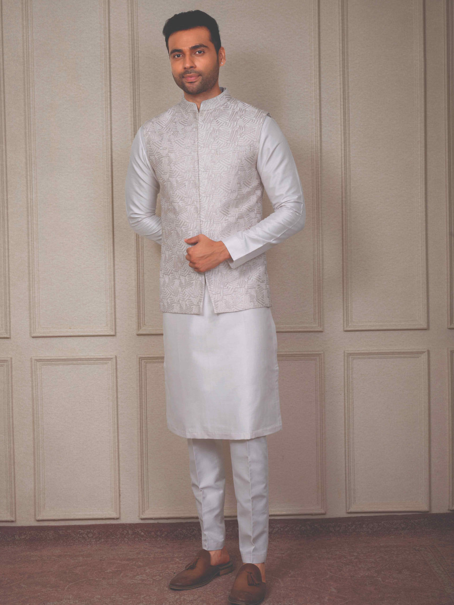 White Silk Woven Groom Wedding Kurta