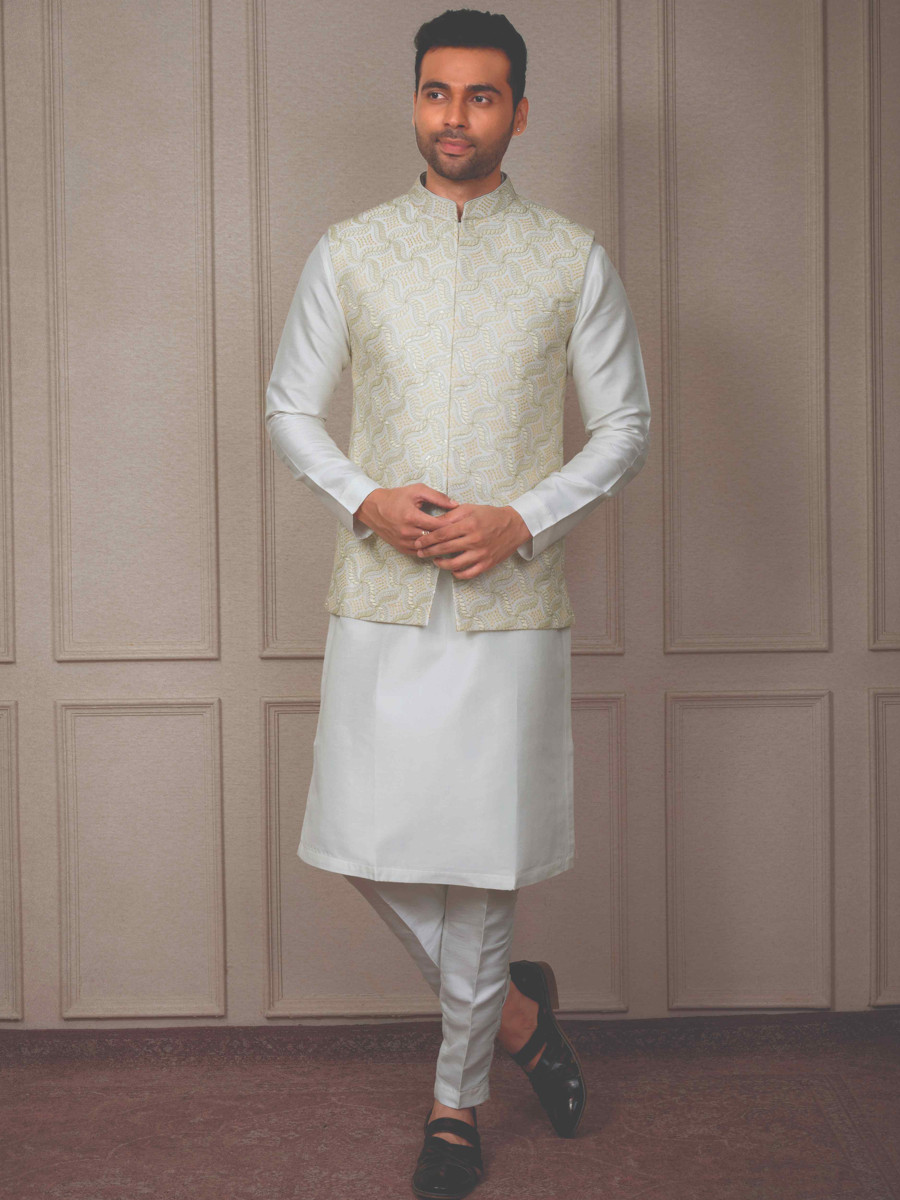 White Silk Woven Groom Wedding Kurta